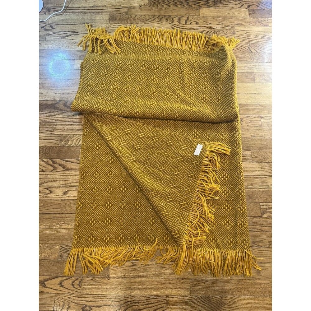 Vintage MCM Throw Fringe Pendleton Wool Blanket RARE Gold Gray  63.5”L x 56.5”W